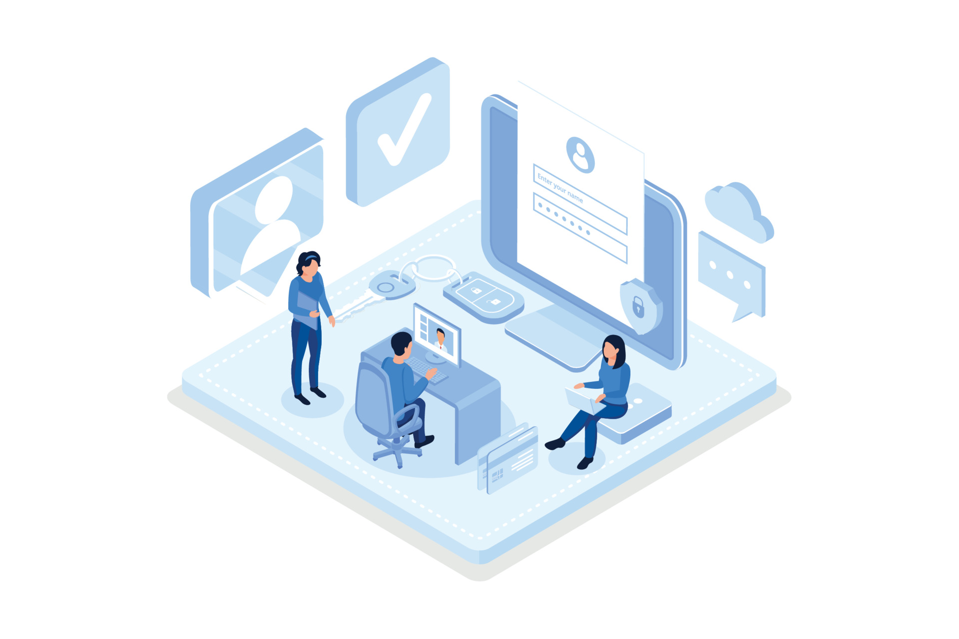 Character Hand holding Smartphone with Sms Authentication Key and typing Password on Laptop with Online Login Form on Screen. Secure User Authorization Concept, isometric vector modern illustration