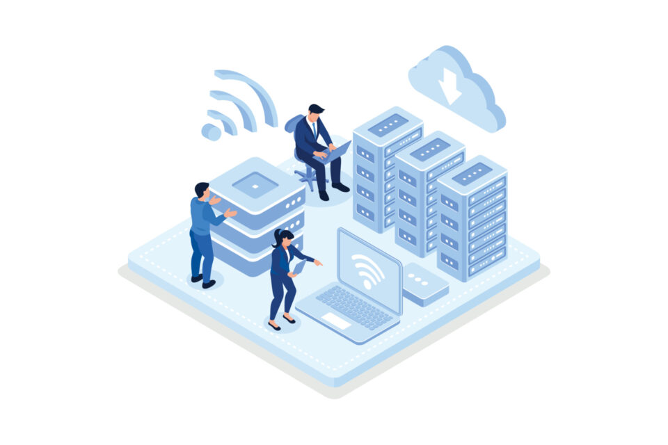 Character Monitoring Big Data Storage Connected with Cloud Computing Service. Server Farm Room. Online Hosting Technology Concept, isometric vector modern illustration